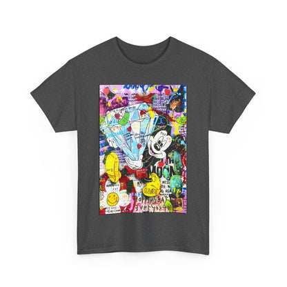 Mickey Mouse Graffiti Graphic Unisex T Shirt Tee displayed in dark grey, adorned with playful artistic graphics, crafted for a unique, luxury-inspired look.