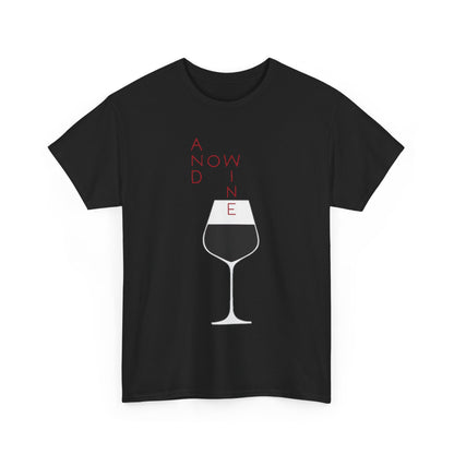 Chic black t-shirt designed for women with a contemporary 'And Now Wine' graphic and a refined wine glass image, tailored for wine lovers.