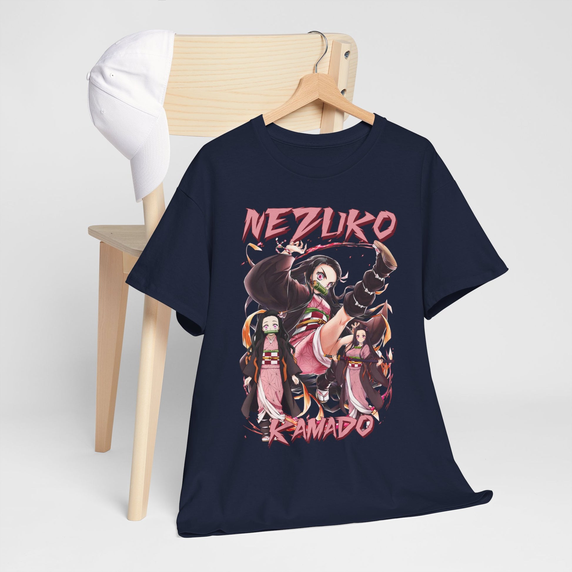 Luxurious Nezuko Kamado T-Shirt showcased elegantly on a wooden hanger next to a stylish baseball cap, featuring vibrant anime-inspired artwork that captures the essence of Demon Slayer.