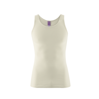 Close-up view of the refined ribbed texture and detailed fine trim of the luxury organic cotton vest for men.