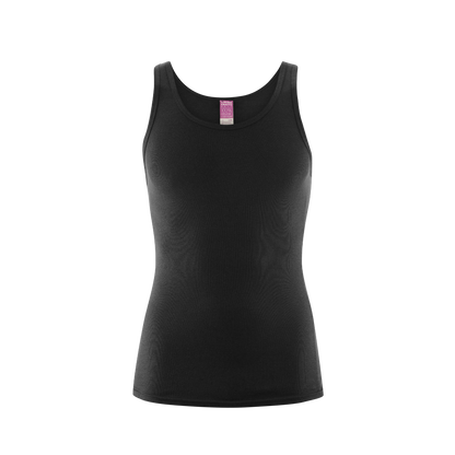 Sophisticated presentation of the ribbed vest on a model, emphasising the sustainable organic cotton and contemporary design.