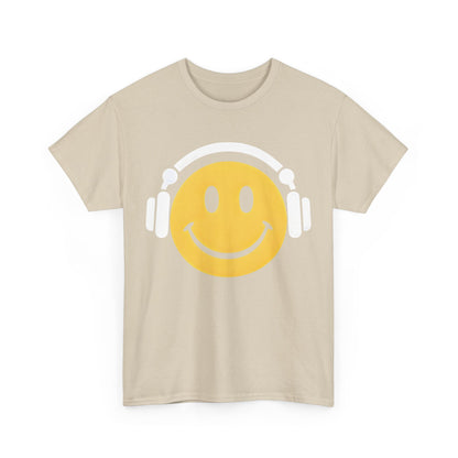 Enchanted Harmony Graphic T-Shirt in neutral beige featuring a vibrant yellow smiley face adorned with white headphones, merging artistic expression with comfort.