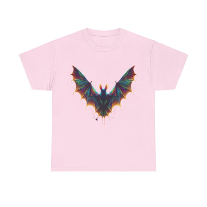 Radiant Evolution Bat Tee designed with an exquisite bat illustration in vibrant colours on a gentle pink shade, perfect for a stylish and luxurious addition to any wardrobe.
