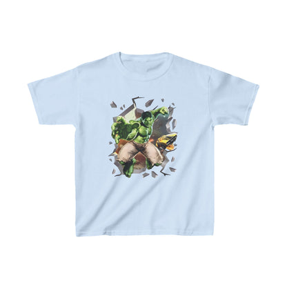 Unisex Kids Hulk Graphic T-Shirt - Soft Cotton Tee for Creative Young Minds, showcasing the Hulk in vibrant detail against a light blue backdrop.