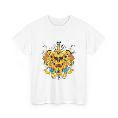 Classic white men's t-shirt featuring an eye-catching yellow skull design, complete with ornate details and flowing banners, perfect for showcasing unique style with a touch of elegance.