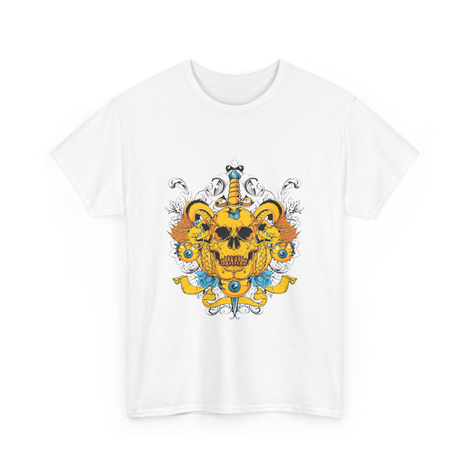 Exquisite white men's t-shirt featuring a bold skull and dagger design, adorned with ornate patterns and mythical dragons.
