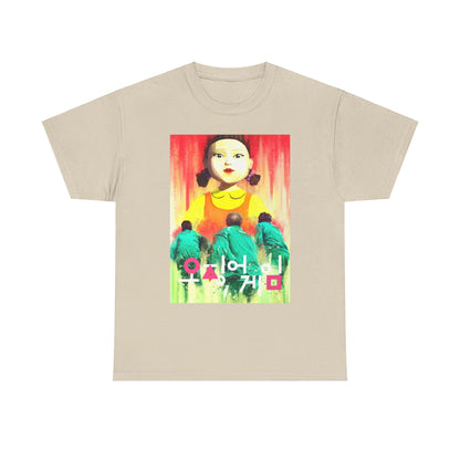 Elegant Squid Game unisex tee in a sophisticated beige tone showcasing an artistic print of a haunting character, ideal for an urbane wardrobe.