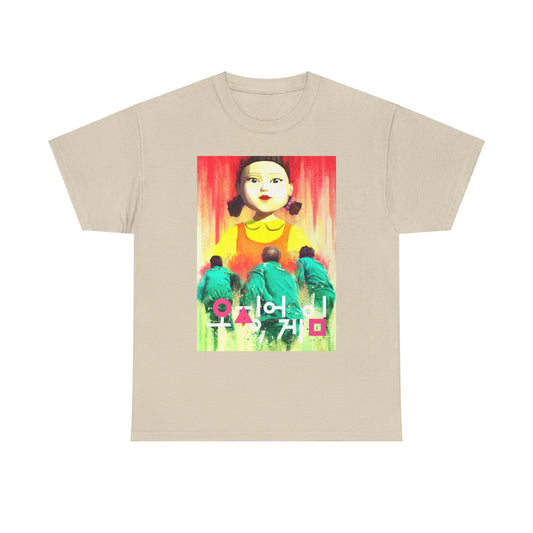 Elegant Squid Game unisex tee in a sophisticated beige tone showcasing an artistic print of a haunting character, ideal for an urbane wardrobe.