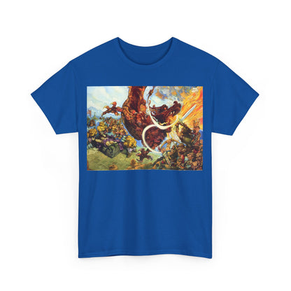 Discworld Guards! Guards! Graphic Unisex T Shirt in vibrant blue featuring an intricate artistic design inspired by Terry Pratchett's universe.