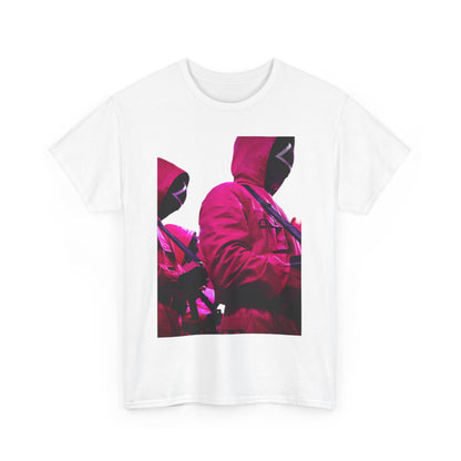Squid Game Unisex Men’s Women’s Graphic Cotton Funny T-Shirt Tee displayed with a bold front design of characters in pink outfits, perfect for making a style statement.