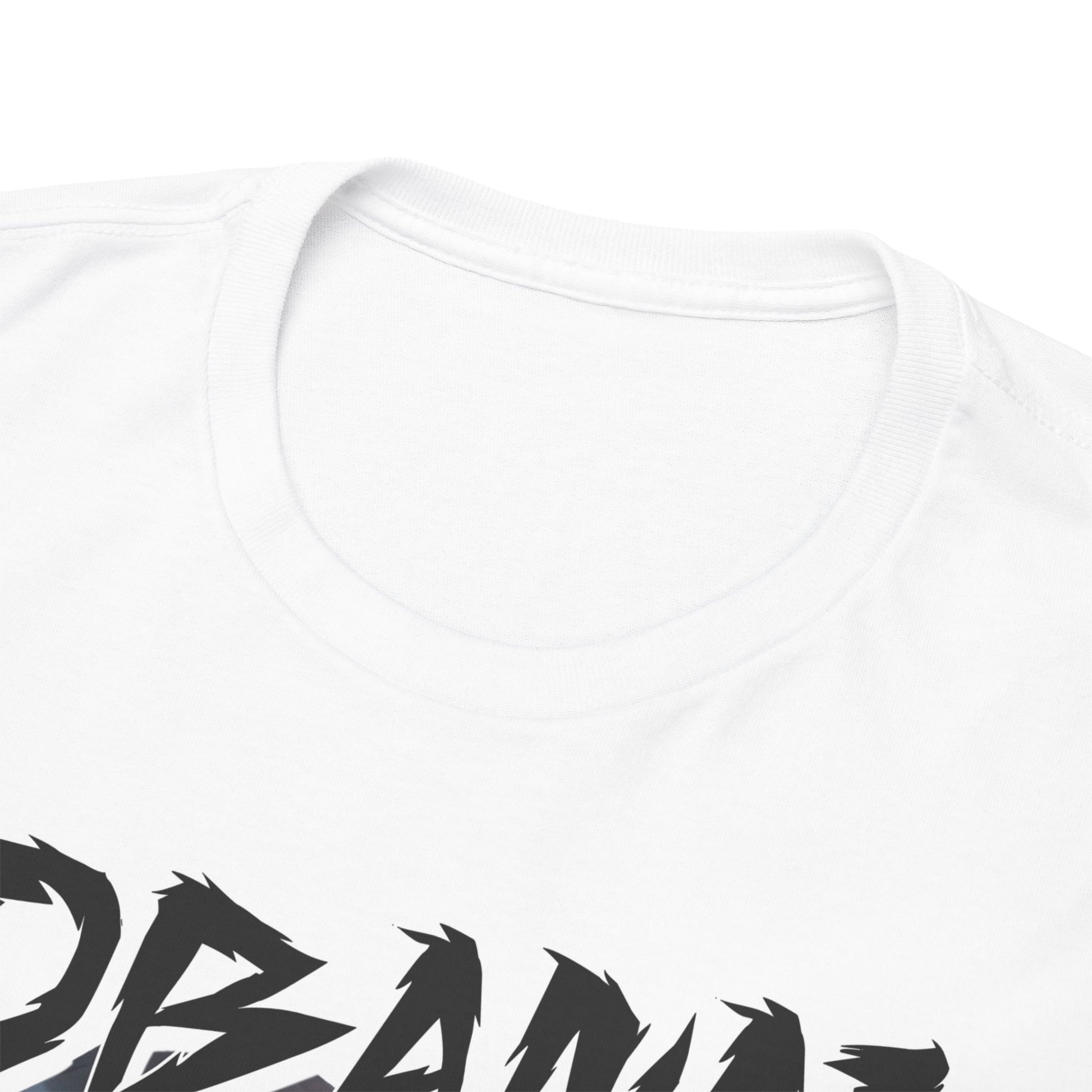 Close-up view of the pristine collar of the Obanai Iguro T-shirt, highlighting premium quality fabric and craftsmanship.