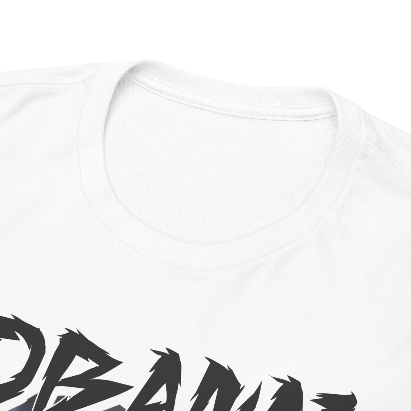 Close-up of the neckline of the Obanai Iguro T-Shirt, highlighting the soft fabric and premium quality construction, ideal for anime enthusiasts seeking comfort and style.