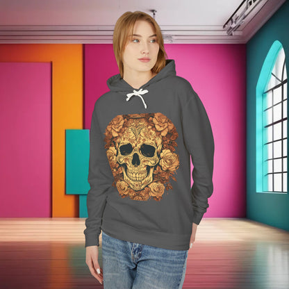 Fashionable model wearing a Unisex Lightweight Hooded Sweatshirt featuring a stunning designer skull and roses graphic, set against a vibrant modern backdrop.