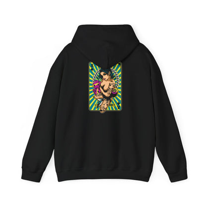Luxury black hoodie with a captivating back print of a tattooed woman, merging comfort with artistry for an unforgettable style.