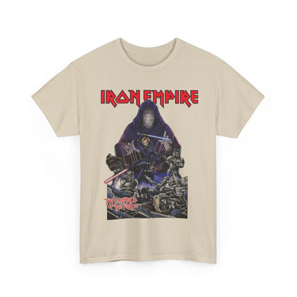 Front view of Iron Empire Graphic Tee – Unisex Darth Sidious & Vader Design in Premium Cotton, featuring intricate artwork of Darth Sidious and Darth Vader surrounded by stormtroopers.