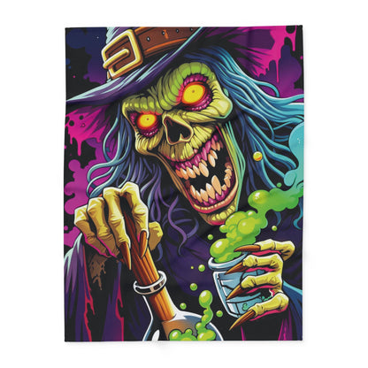 Decorative and Warm Halloween Spooky Arctic Fleece Blanket depicting a menacing witch with sharp features and a fun spooky theme, ideal for creating a luxurious Halloween atmosphere in any living space.