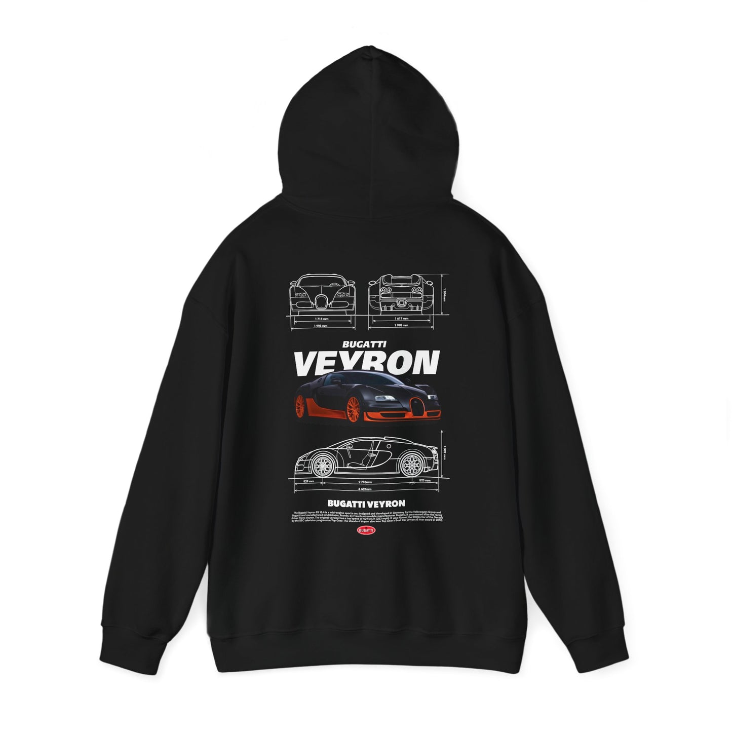 Elegant black Bugatti Veyron hoodie with a bold back print displaying the celebrated automotive design alongside technical schematics.
