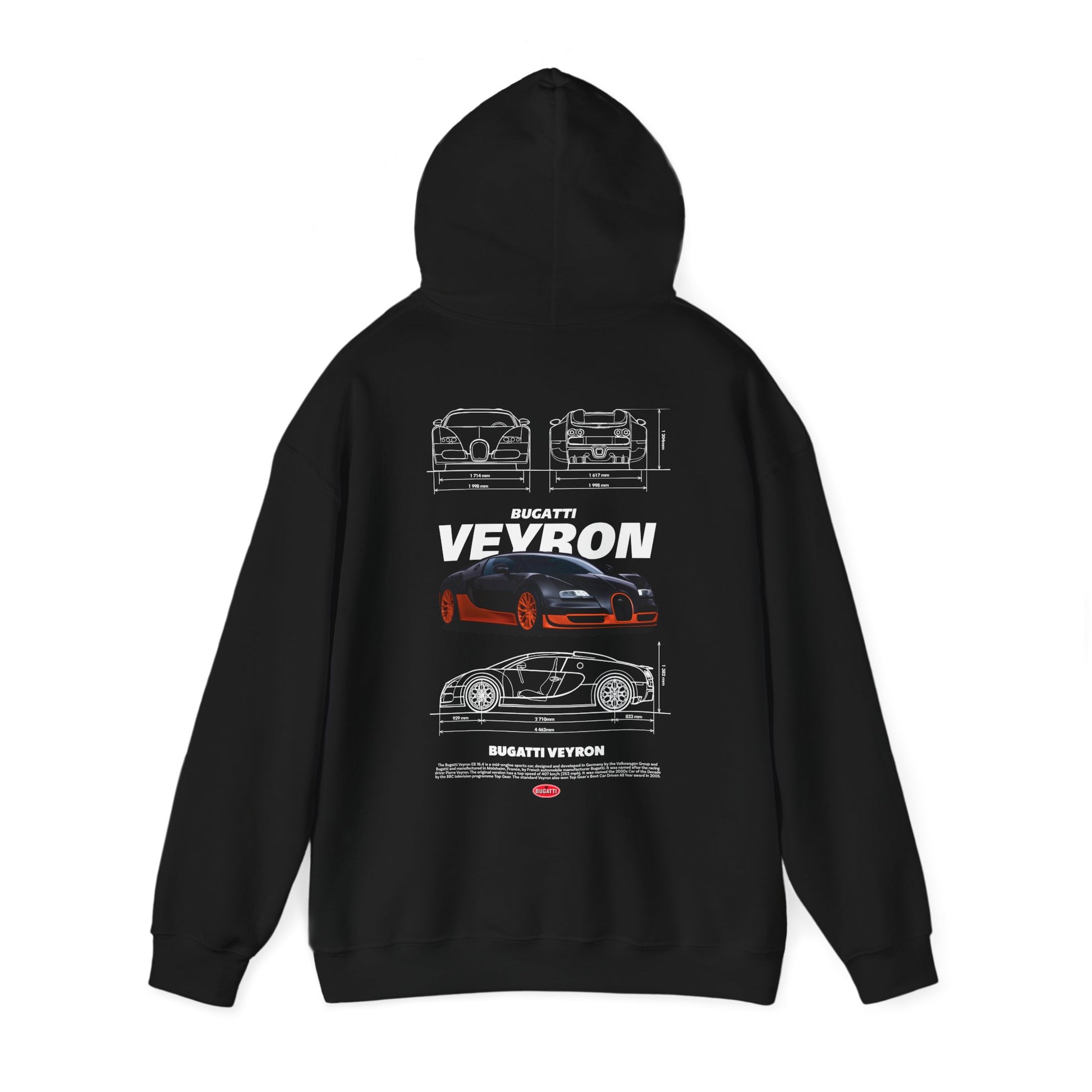 Elegant black Bugatti Veyron hoodie with a bold back print displaying the celebrated automotive design alongside technical schematics.
