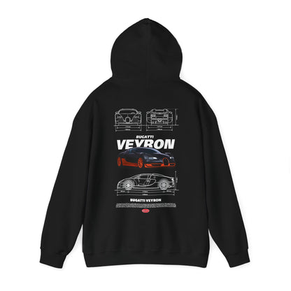 Elegant black Bugatti Veyron hoodie with a bold back print displaying the celebrated automotive design alongside technical schematics.