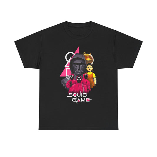 Premium black Squid Game t-shirt showcasing captivating graphic art, ideal for unisex wearers seeking unique and stylish apparel.