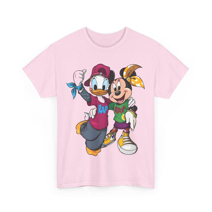 Daisy Duck & Minnie Mouse Unisex Graphic Tee Shirt in soft pink, featuring vibrant graphics of Daisy and Minnie in hip-hop attire.