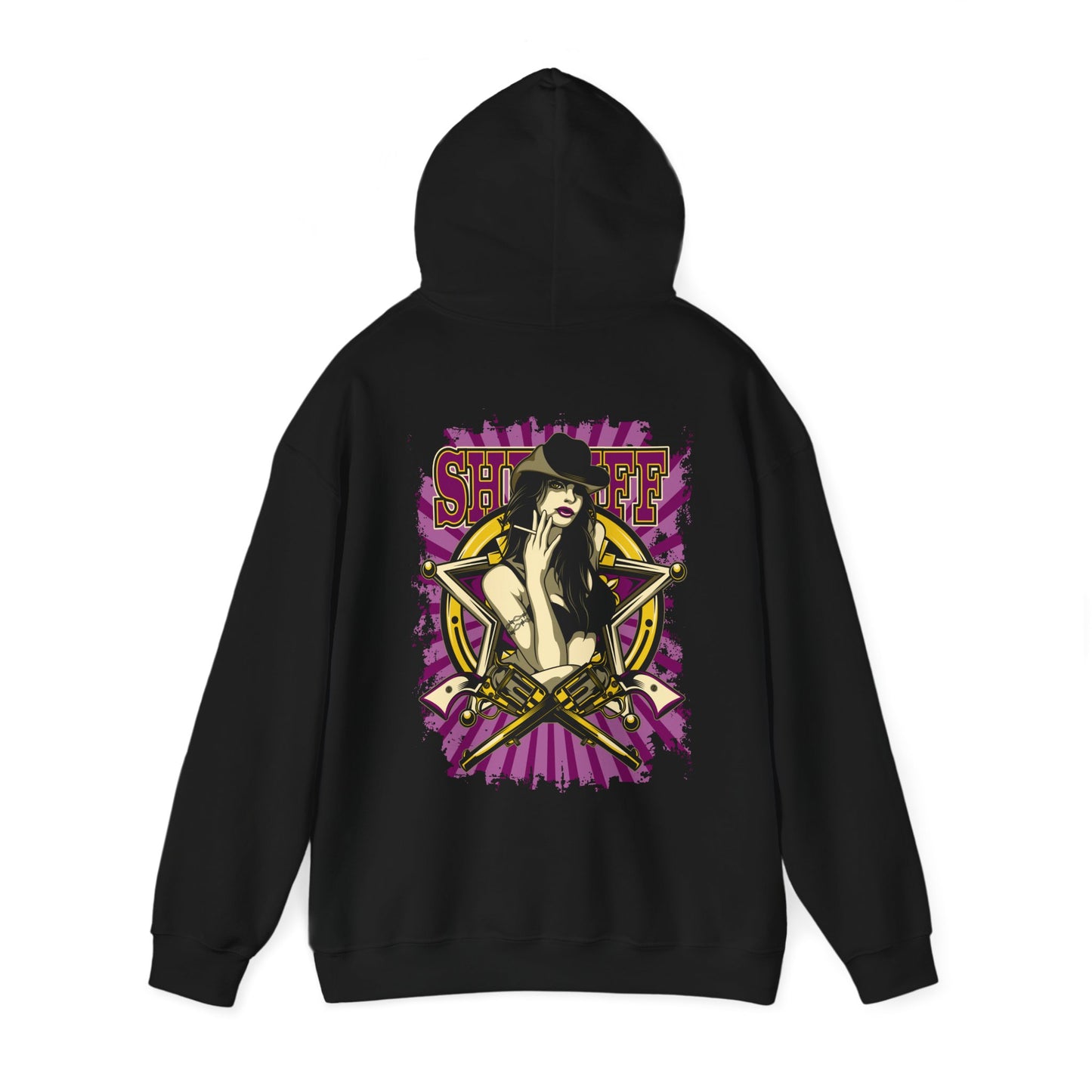 Showcasing the Empowered Sheriff hoodie in black, this design highlights a striking back print of a confident woman adorned with cowboy aesthetics and gold revolvers, embodying daring stylishness.