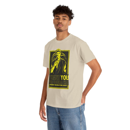 Stylish unisex Cobra Kai T-shirt featuring a humorous graphic, perfect for fans of the series. Model wearing a soft beige tee with 'I WANT YOU FOR COBRA KAI' design, ideal for casual outings.