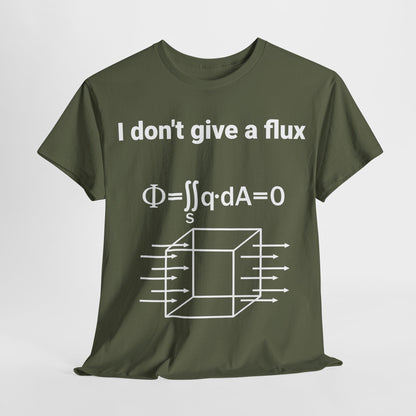 Luxurious I Don't Give a Flux Physicists Graphic T-Shirt in rich olive green, showcasing a playful science-inspired graphic design featuring the flux equation, ideal for urban fashion enthusiasts.