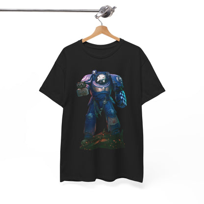 Elegant unisex graphic T-shirt featuring a vivid sci-fi inspired design of a heroic figure, displayed hanging elegantly to showcase its premium fabric.