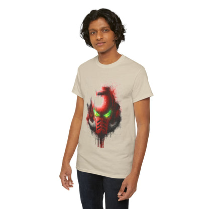Sophisticated young man in a beige graphic t-shirt featuring a vibrant red and green helmet illustration, highlighting modern fashion sensibilities.
