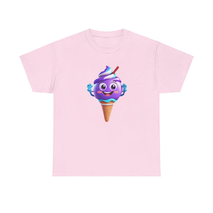 Scoop of Joy: Cartoon Ice Cream Cone Character Tee in soft pink, featuring a joyful purple ice cream character, bringing a sense of fun and luxury to everyday fashion.