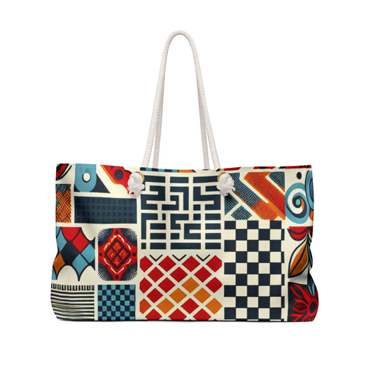 Stylish Elara Stirling Weekender Bag in vibrant red checkerboard pattern, highlighting its durable construction and luxurious design, ideal for beach trips and shopping excursions.