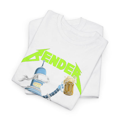 Charming Bender And Beer For All Funny Graphic Unisex T-Shirt neatly folded, illustrating a playful design of Bender against a white backdrop, ideal for casual wear and rock music enthusiasts.