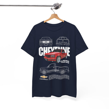Stylish Chevrolet Cheyenne T-shirt hanging gracefully, showcasing a striking graphic of the 400SS truck and elegant line drawings, perfect for upscale casual wear.