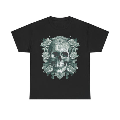 Skulls and Roses Cotton Tee in black, a stylish unisex graphic shirt showcasing a dramatic skull adorned with roses, ideal for embracing edgy fashion.