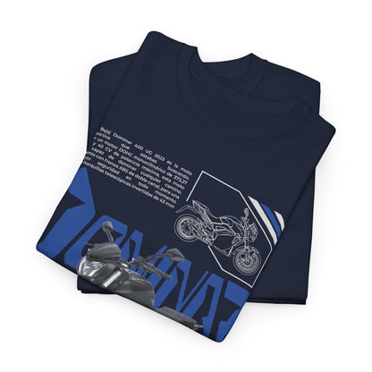 Elegant collection of navy men's t-shirts featuring sophisticated motorcycle artwork, highlighting the Dominar 400's distinctive design, ideal for style-conscious riders.