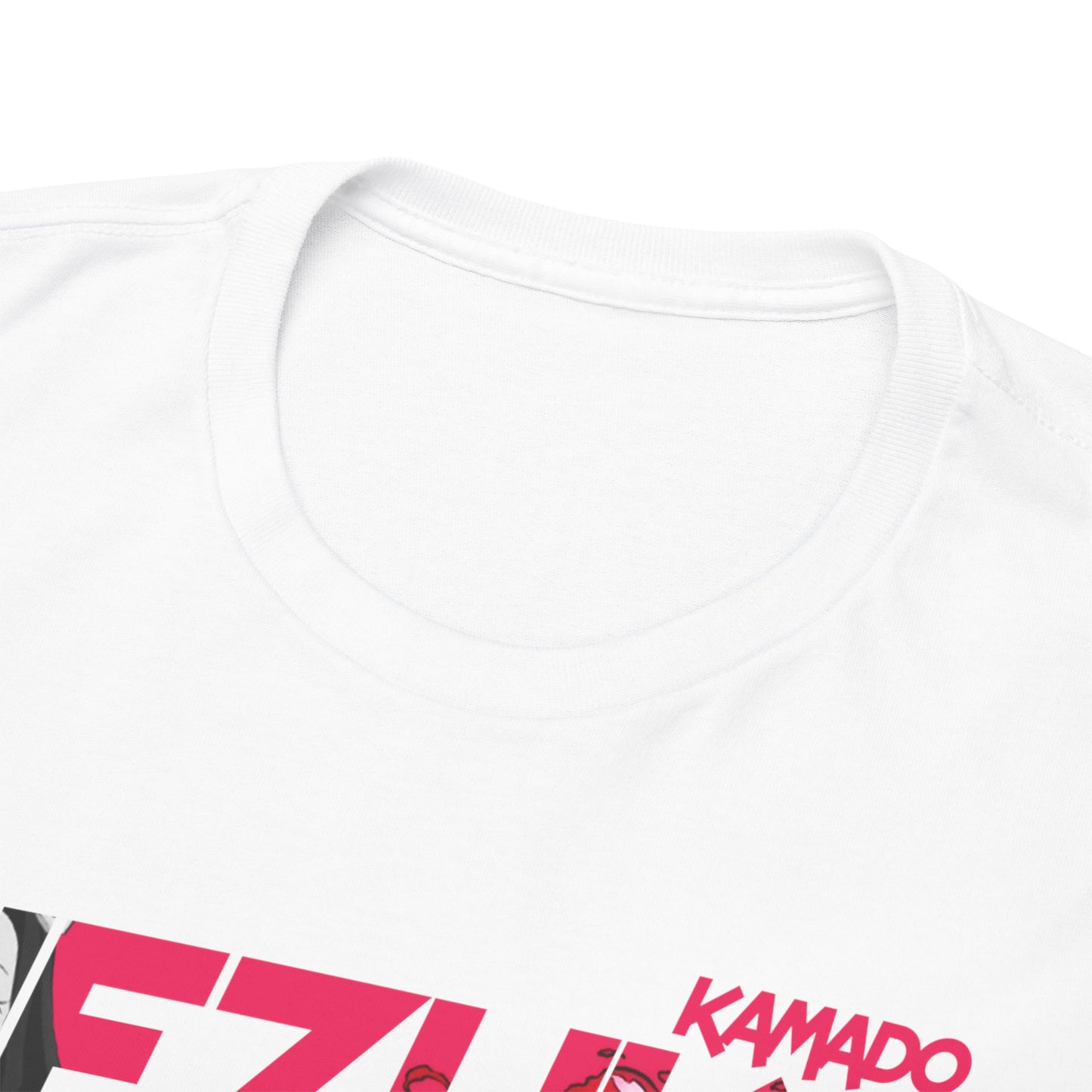 Close-up of the elegant neckline of a white Nezuko Kamado T-shirt featuring a vibrant graphic design, perfect for anime enthusiasts.