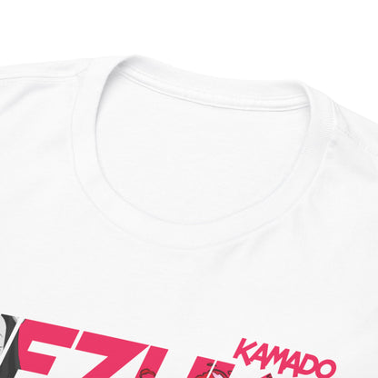 Close-up of the elegant neckline of a white Nezuko Kamado T-shirt featuring a vibrant graphic design, perfect for anime enthusiasts.