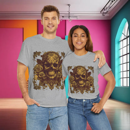 Two models wearing the exquisite Skulls and Roses Cotton Tee, showcasing its unisex fit and striking design in a vibrant, contemporary environment.