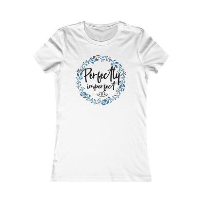 Luxury women's t-shirt in white featuring the elegant design "Perfectly Imperfect" surrounded by a sophisticated floral wreath in calming blue hues.
