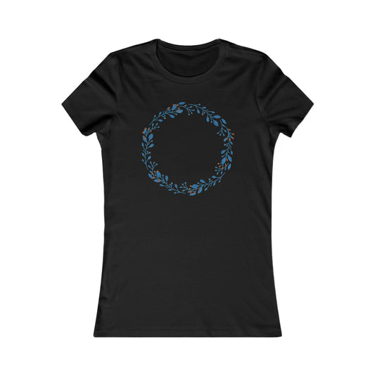 Chic women's t-shirt in black showcasing a minimalist floral wreath design, encapsulating the phrase "Perfectly Imperfect" in a unique artistic style.