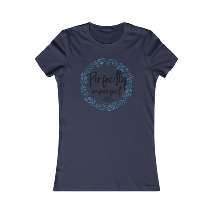 Stylish women's t-shirt in navy blue adorned with the graceful saying "Perfectly Imperfect" encircled by an intricate floral wreath in stunning blue and burgundy tones.