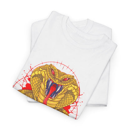 Artfully folded Cobra Kai t-shirt in white, adorned with a vivid yellow snake graphic, ideal for stylish martial arts fans.