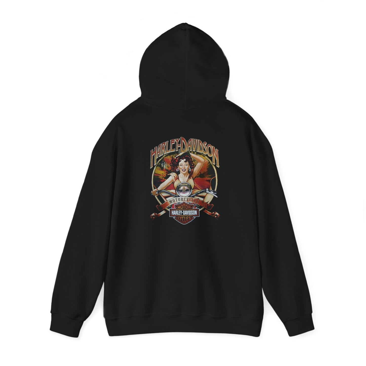 Sleek back view of a Harley-Davidson hoodie, adorned with a vibrant vintage pin-up illustration, exuding style and adventure for discerning bikers.