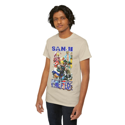 Elegantly styled male model showcasing a Sanji graphic t-shirt, capturing the essence of anime culture with luxury fashion appeal.