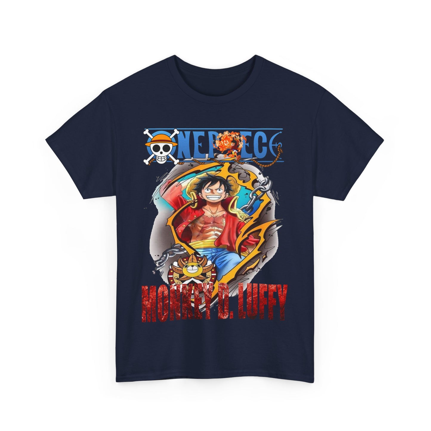Elegant navy blue t-shirt showcasing a vibrant graphic of Monkey D. Luffy from One Piece, adorned with the iconic logo and playful elements, perfect for adventure enthusiasts.