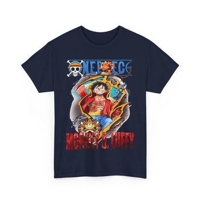 Elegant navy blue t-shirt showcasing a vibrant graphic of Monkey D. Luffy from One Piece, adorned with the iconic logo and playful elements, perfect for adventure enthusiasts.