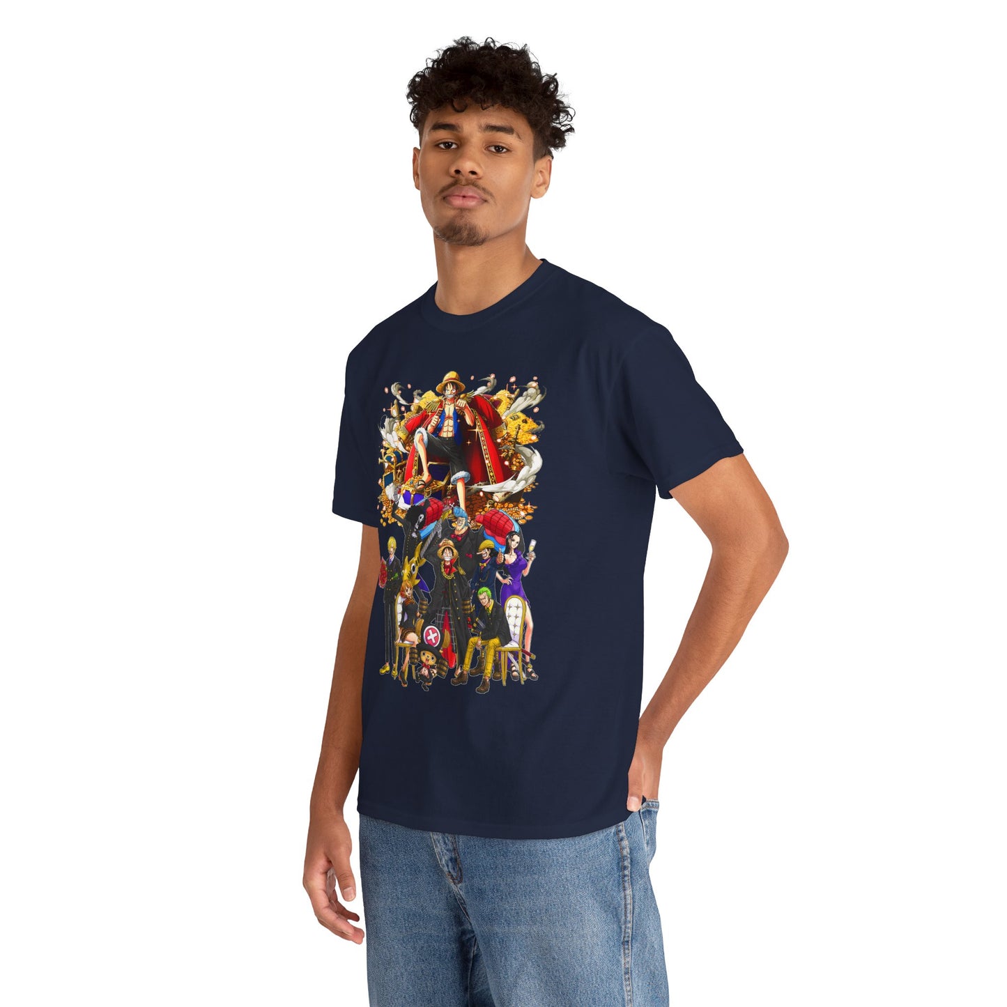Luxury navy t-shirt featuring vibrant anime-inspired graphic design, showcasing an adventurous crew, perfect for fashion enthusiasts.