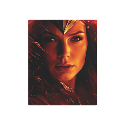 Wonder Woman Metal Art Poster highlighting the fierce expression of the iconic heroine, designed to inspire and elevate any space.