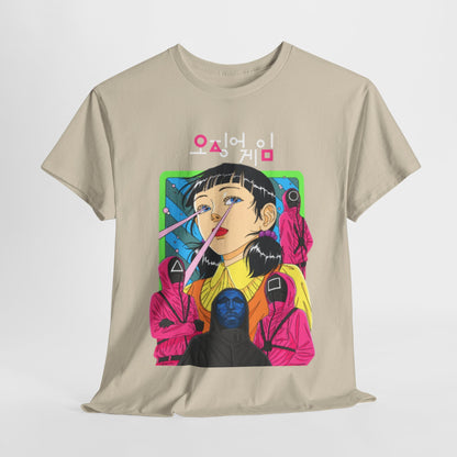Luxurious unisex graphic t-shirt featuring a vibrant print inspired by the hit series Squid Game, showcasing a striking character illustration with bold colours.